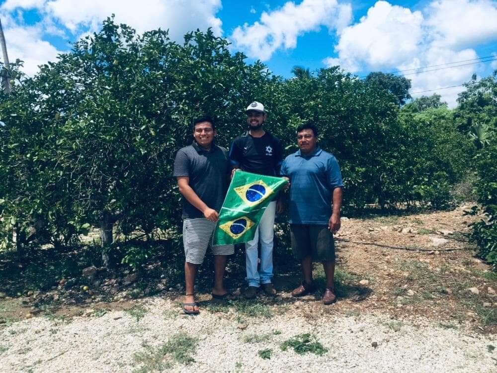 Flávio segura bandeira do Brasil ao lado de dois homens em plantação