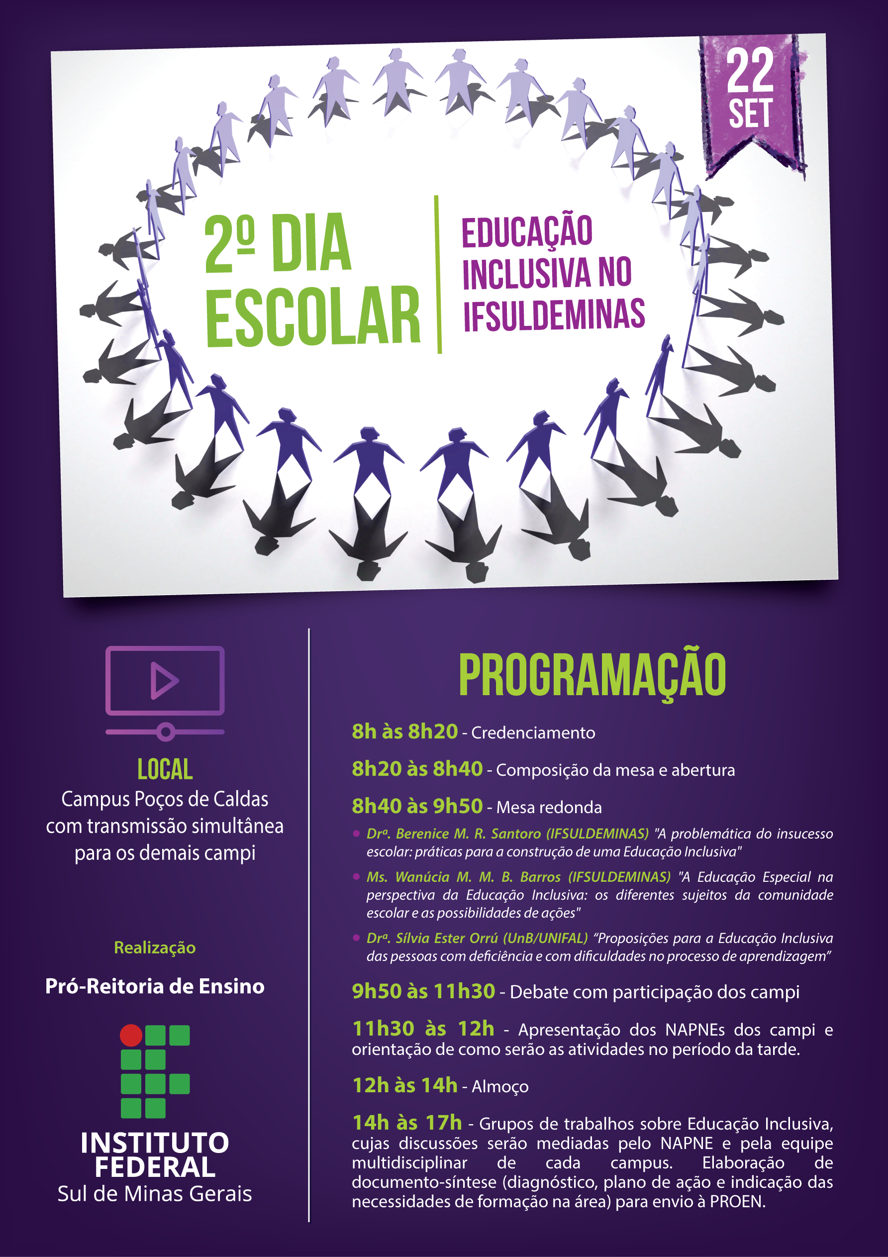 Cartaz de divulgação do 2º Dia Escolar do IFSULDEMINAS contendo a programação que consta no corpo do texto,