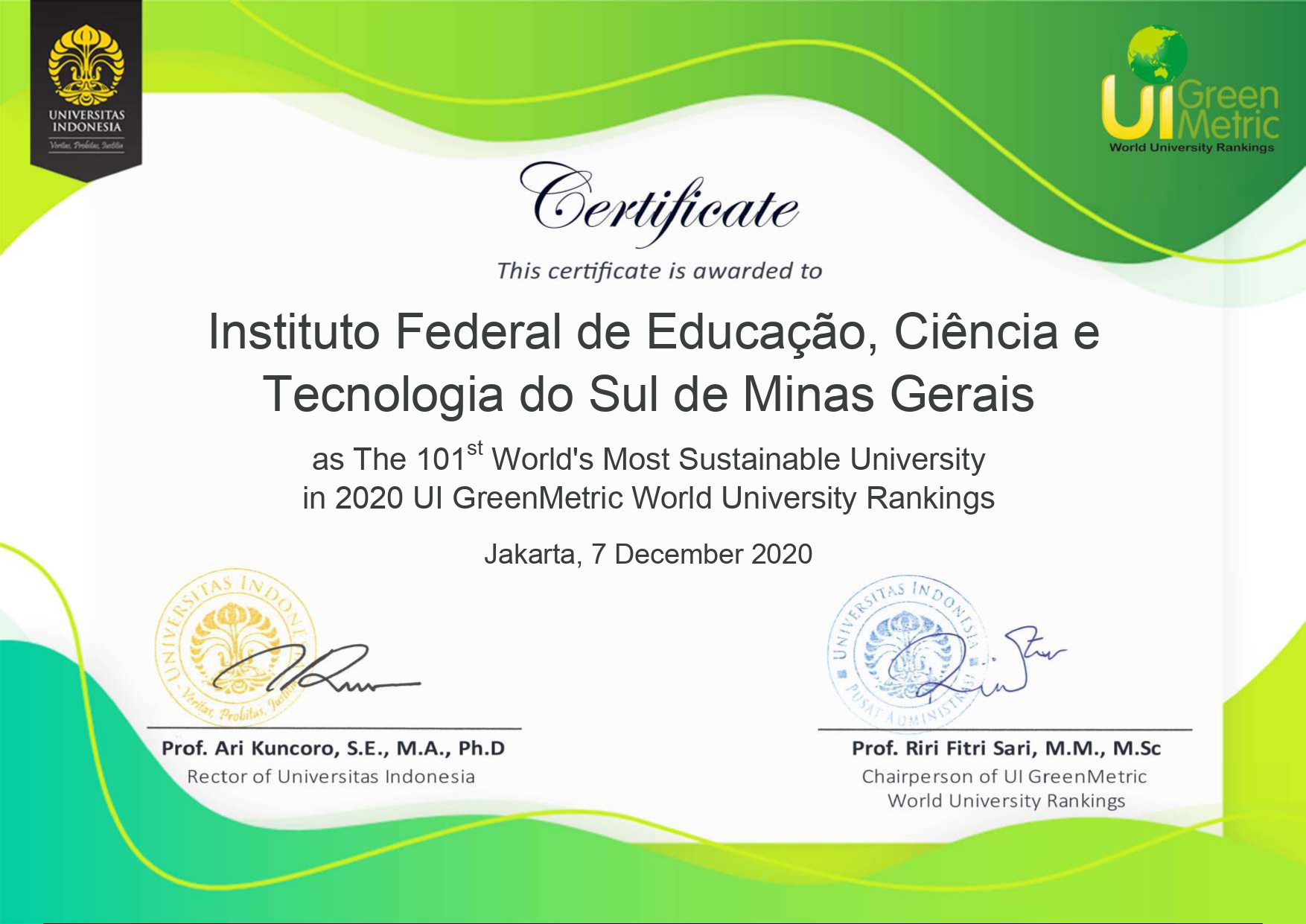 01 Certificado UI GreenMetric World University Rankings 2020 Certificate